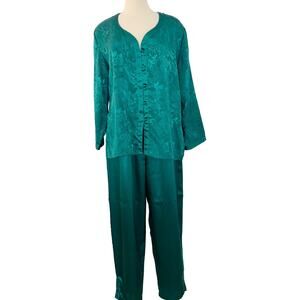 Victoria's Secret Vintage Gold Label Pajama SET Green Satin Jacquard Floral | M
